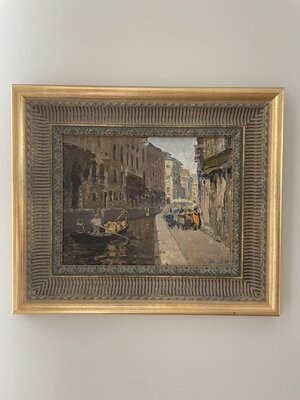 Peinture sur bois représentant une ruelle animée de Venise - 47 x 40 cm