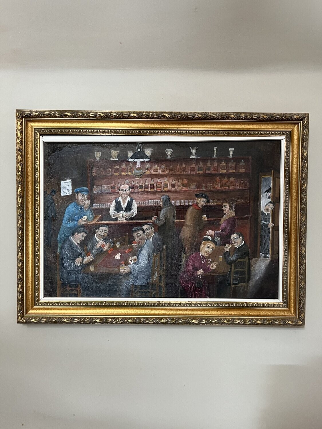 Huile encadrée représentant une scène de bar - 63 x 46 cm