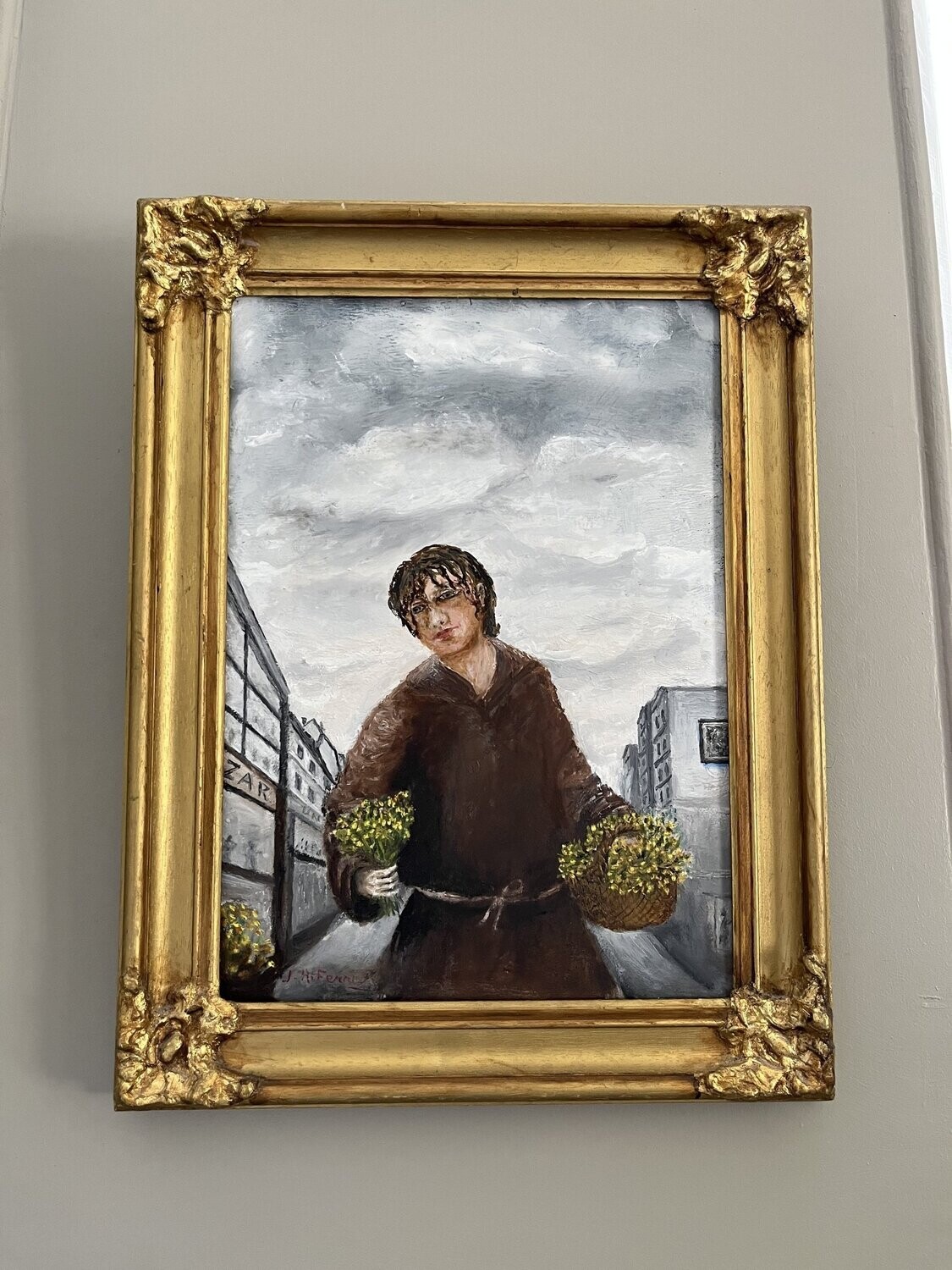 Huile d'un homme tenant des fleurs -43 x 56 cm