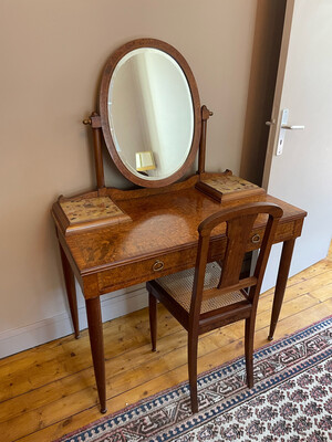 Coiffeuse en placage avec miroir et une paire de chaises - 143 x P 53 x L 100 cm