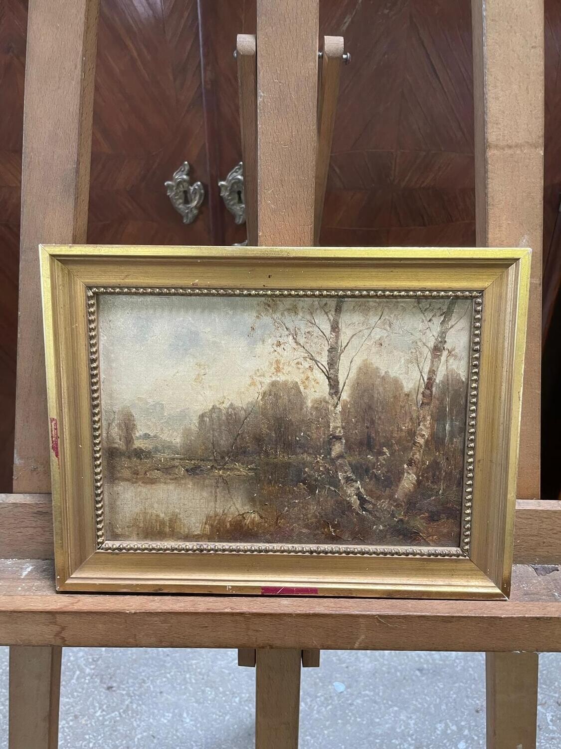 Huile sur bois représentant un paysage lacustre - 30,5 x 23 cm