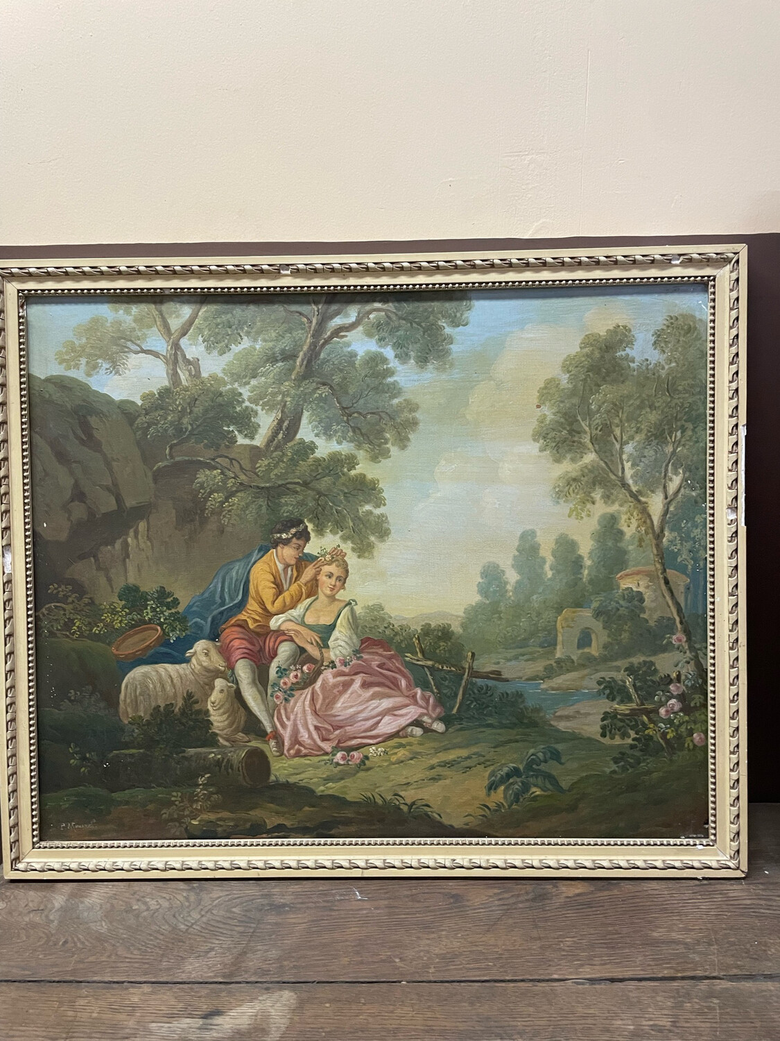 Huile sur bois représentant un paysage avec deux sujets - 65 x 54 cm