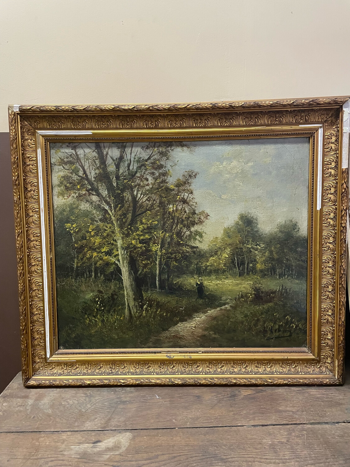 Huile sur toile représentant un paysage par L. Lebrun, cadre en stuc doré - 46 x 55 cm