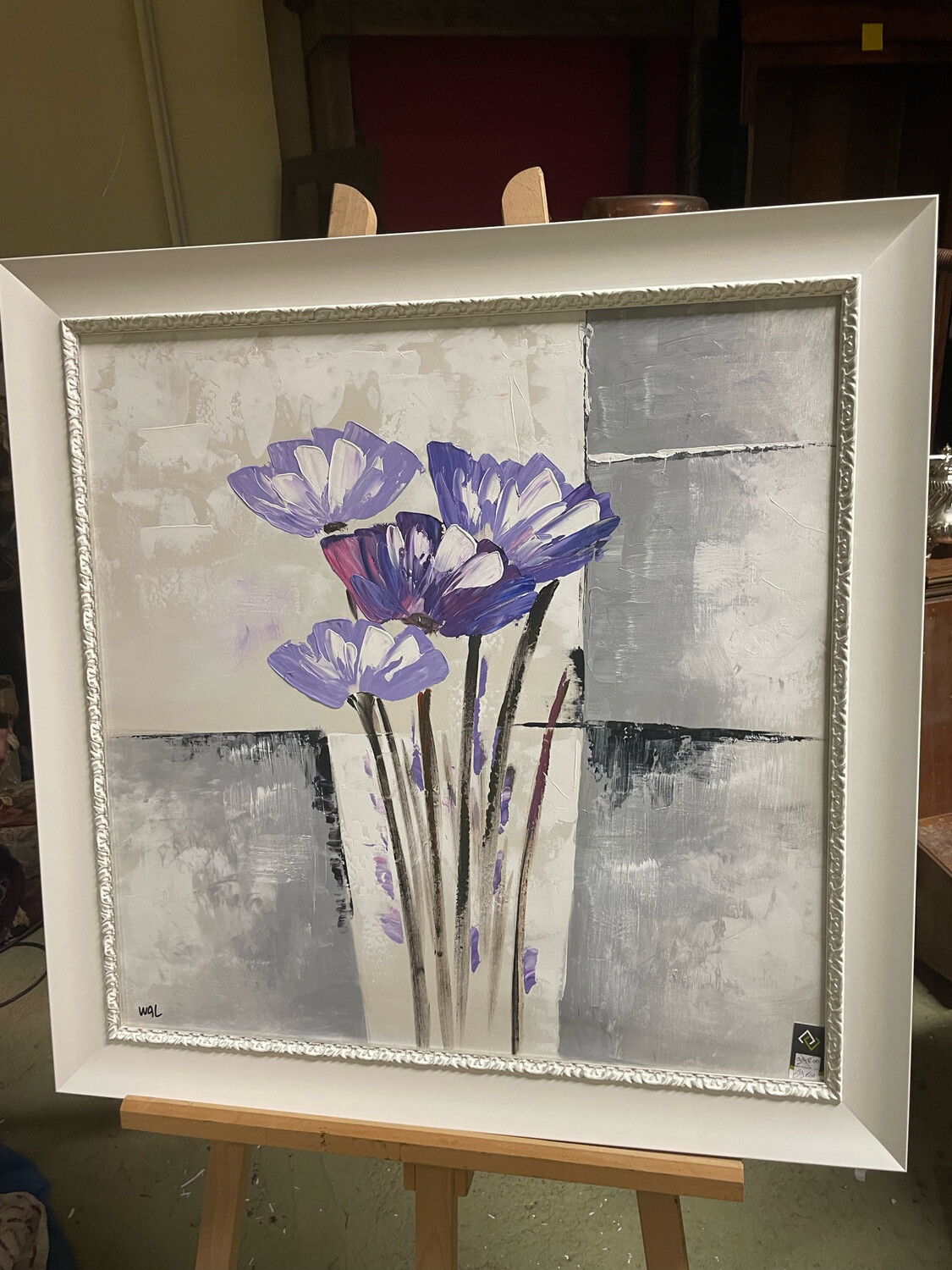 Toile encadrée abstraite avec 4 fleurs - 80 x 80 cm