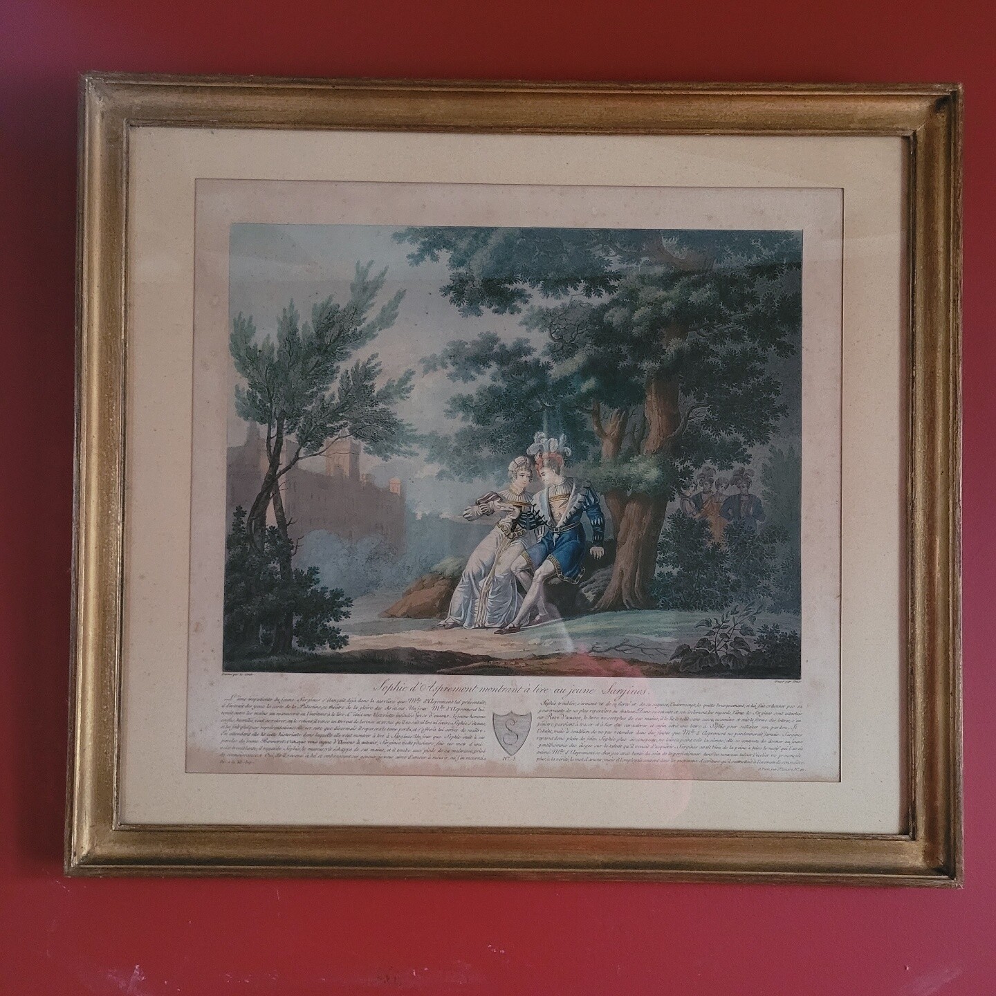 Gravure "SOPHIE D'ASPREMENT MONTRANT A LIRE AU JEUNE SARGINES"53.5 X 59.5