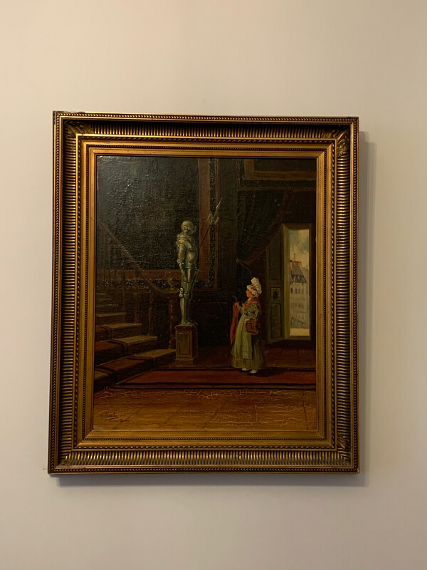 Magnifique huile d'une statue de chevalier 84 x 71cm