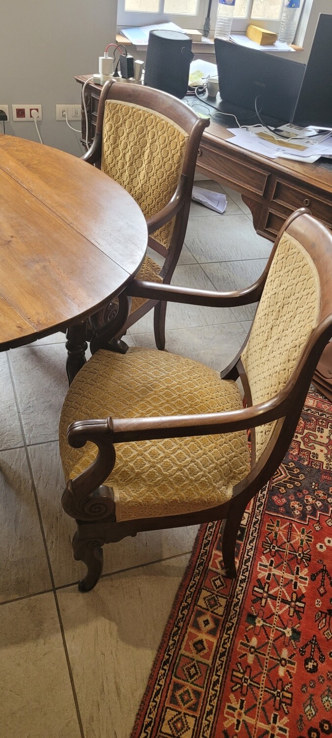 PAIRE DE FAUTEUILS en acajou et placage d'acajou à pieds jarret à l'avant et pieds sabre à l'arrière, avec support d'accotoir à enroulement.Epoque Restauration 91 x 59 x 49 cm