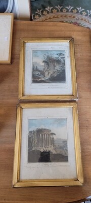 D'après VERNET : Le temple de Mars & le temple de la Philosophie. Paire de gravures en couleur. Début du XIXe siècle. 29 x 23 cm à vue.