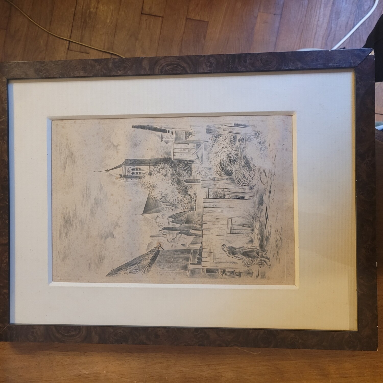 Gravure de Paul Lemagny " Bourges: église Notre-Dame et quartier Avaricum "