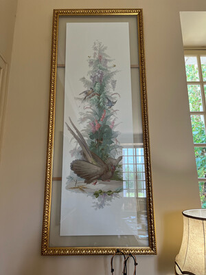 Paire de Panneaux oiseaux et Fleurs « Maison Zuber », Papier peint sous verre encadré - 185 x 47 cm