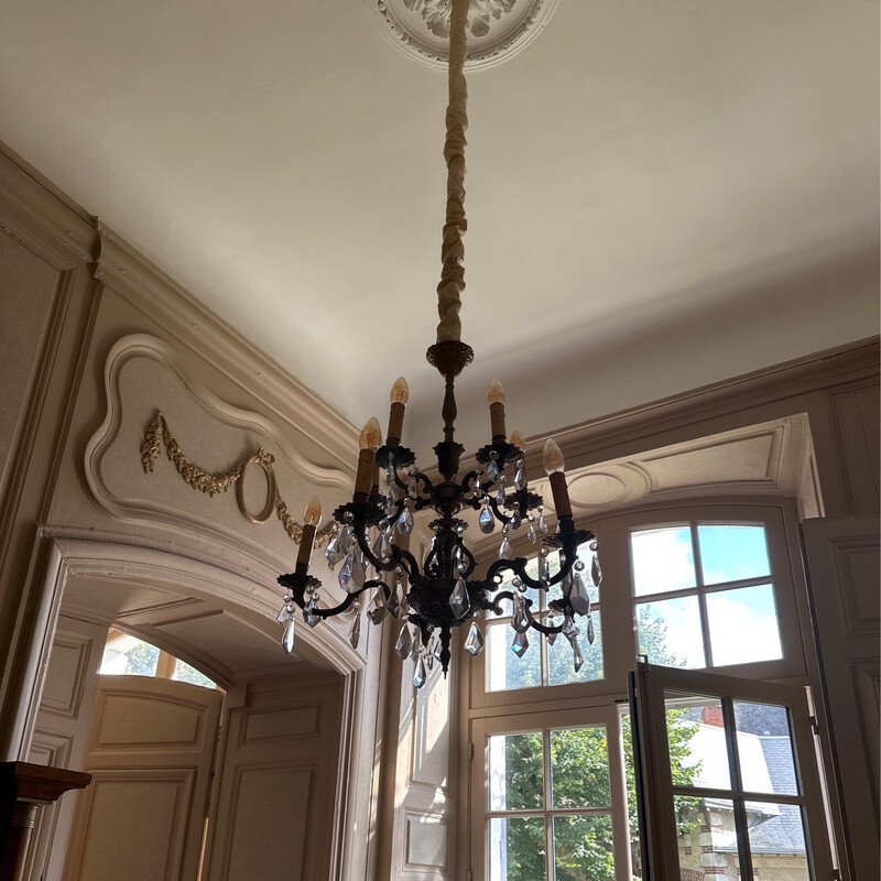 Lustre en bronze et en cristal à neuf bras de lumière