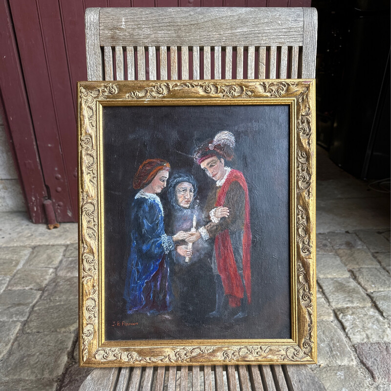 Huile sur toile par JR Ferrier représentant 3 personnes avec une bougie