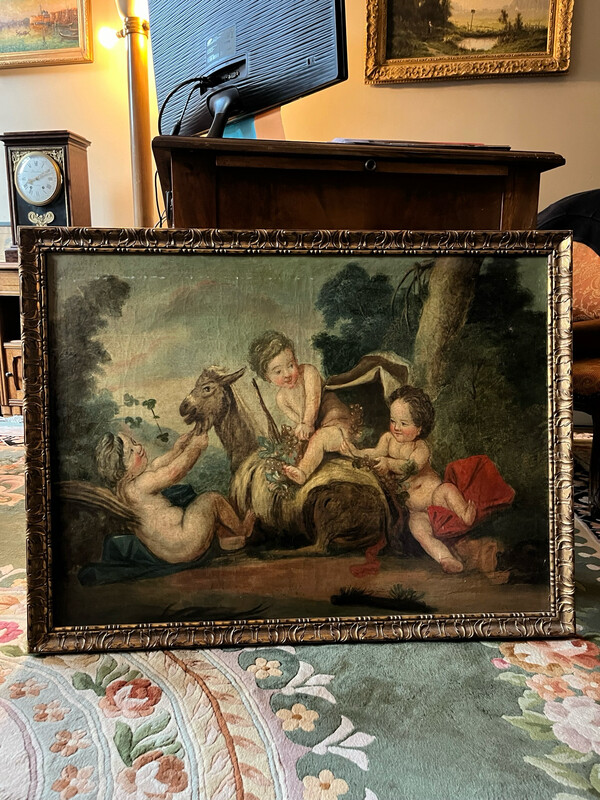 École française XVIIIe, jeune Bacchus jouant avec une chèvre. Huile sur toile - 60 x 81 cm