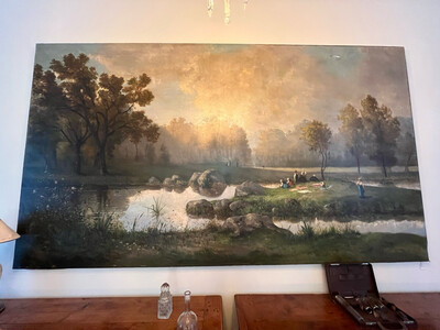 Huile sur toile d’un étang et son coucher de soleil - 250 x 135 cm