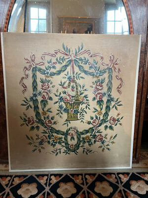 École française du début de XX ème siècle, projet de papier peint représentant un bouquet fleuri cerné de ruban et de guirlandes de lauriers. 58 x 55 cm