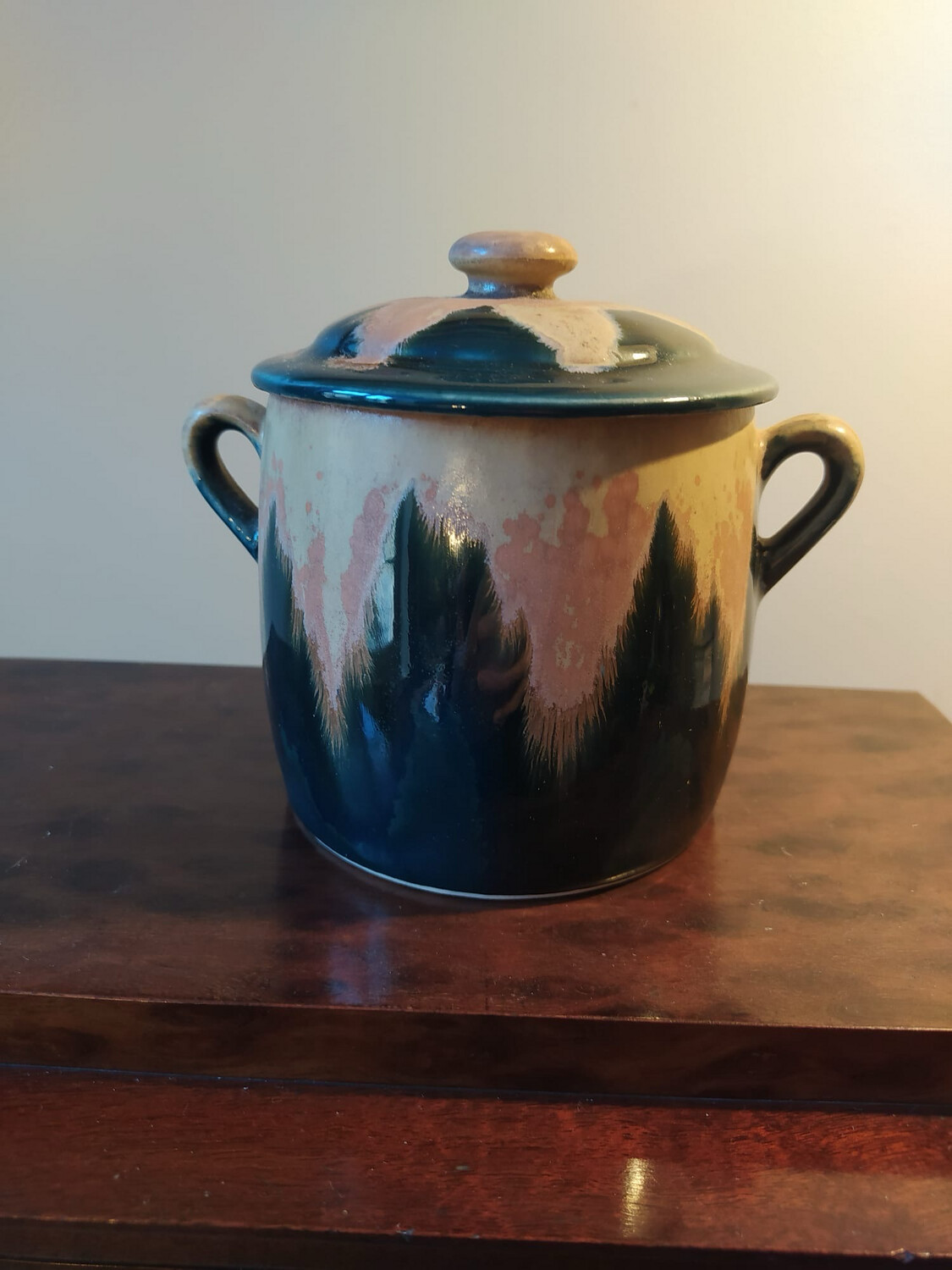 Denbac : pot à condiments en grès émaillé bleu et rose - H 12 cm