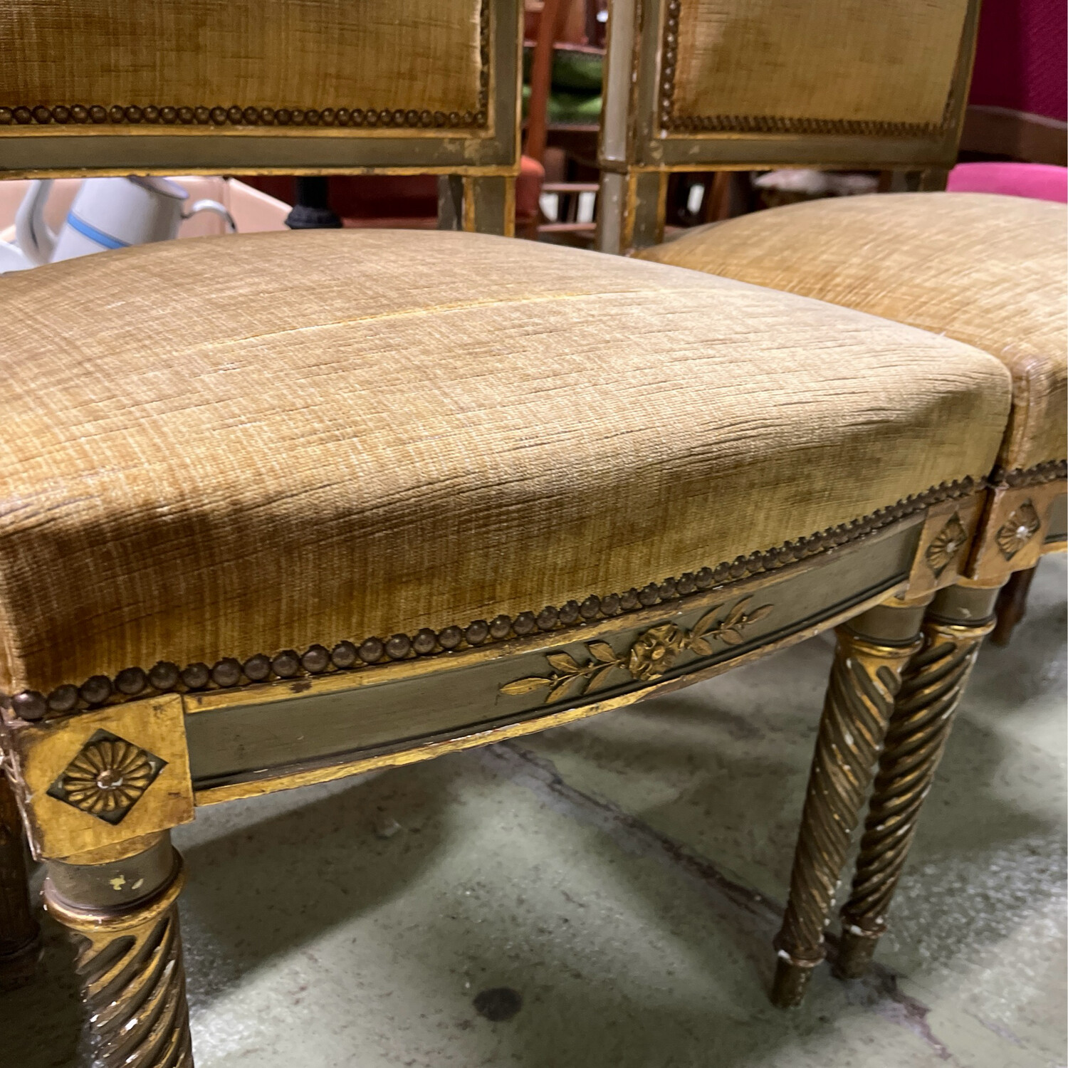 Paire de chaise style directoire, garni de velours couleur or