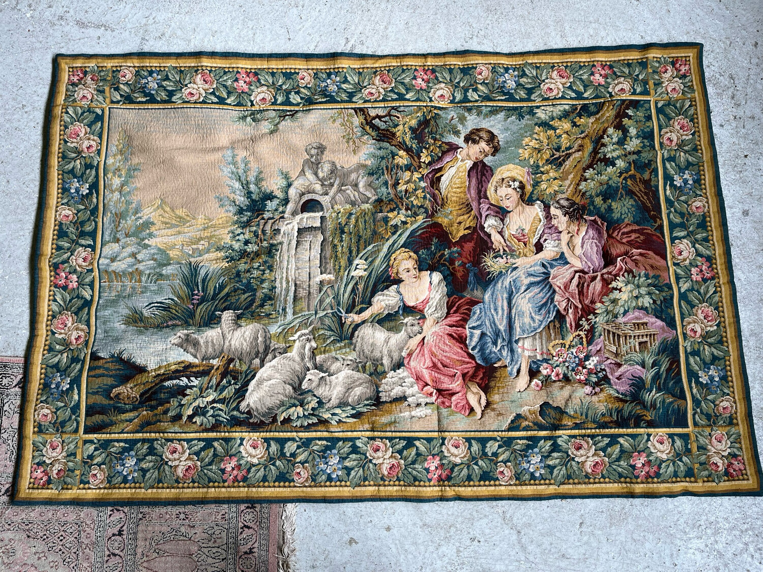 Tapisserie La Filandière : Tapisserie mécanique représentant une scène champêtre - 113 x 169