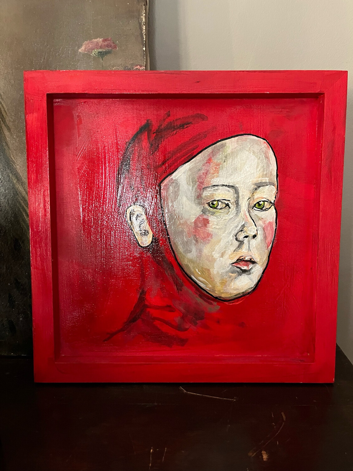 ROZAK SAURA ( né en 1995), École Bulgare : « In red », acrylique sur panneau de bois, titrée et contresignée au dos - 35 x 35 cm