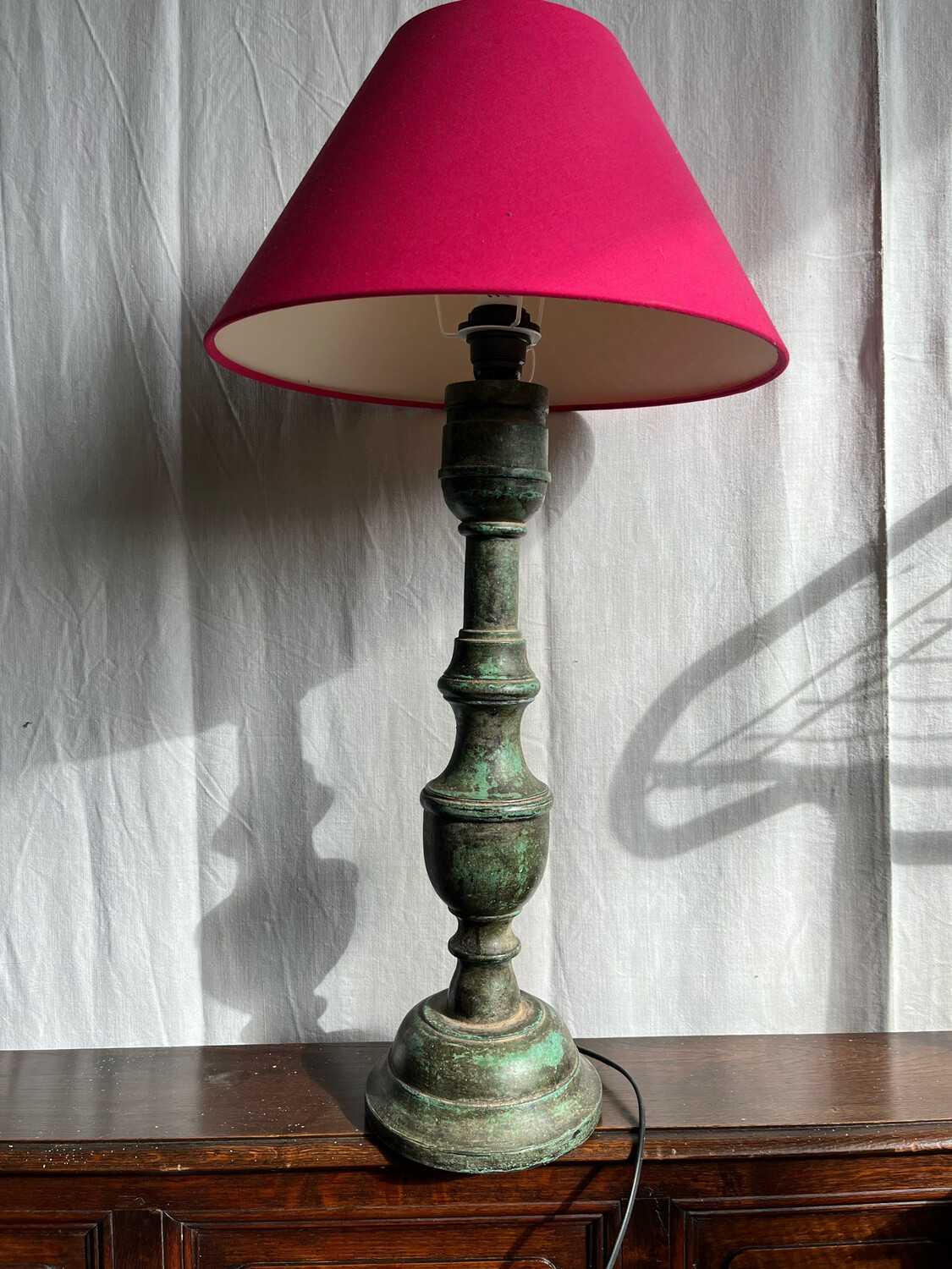 Lampe en bois vert - H 77 cm