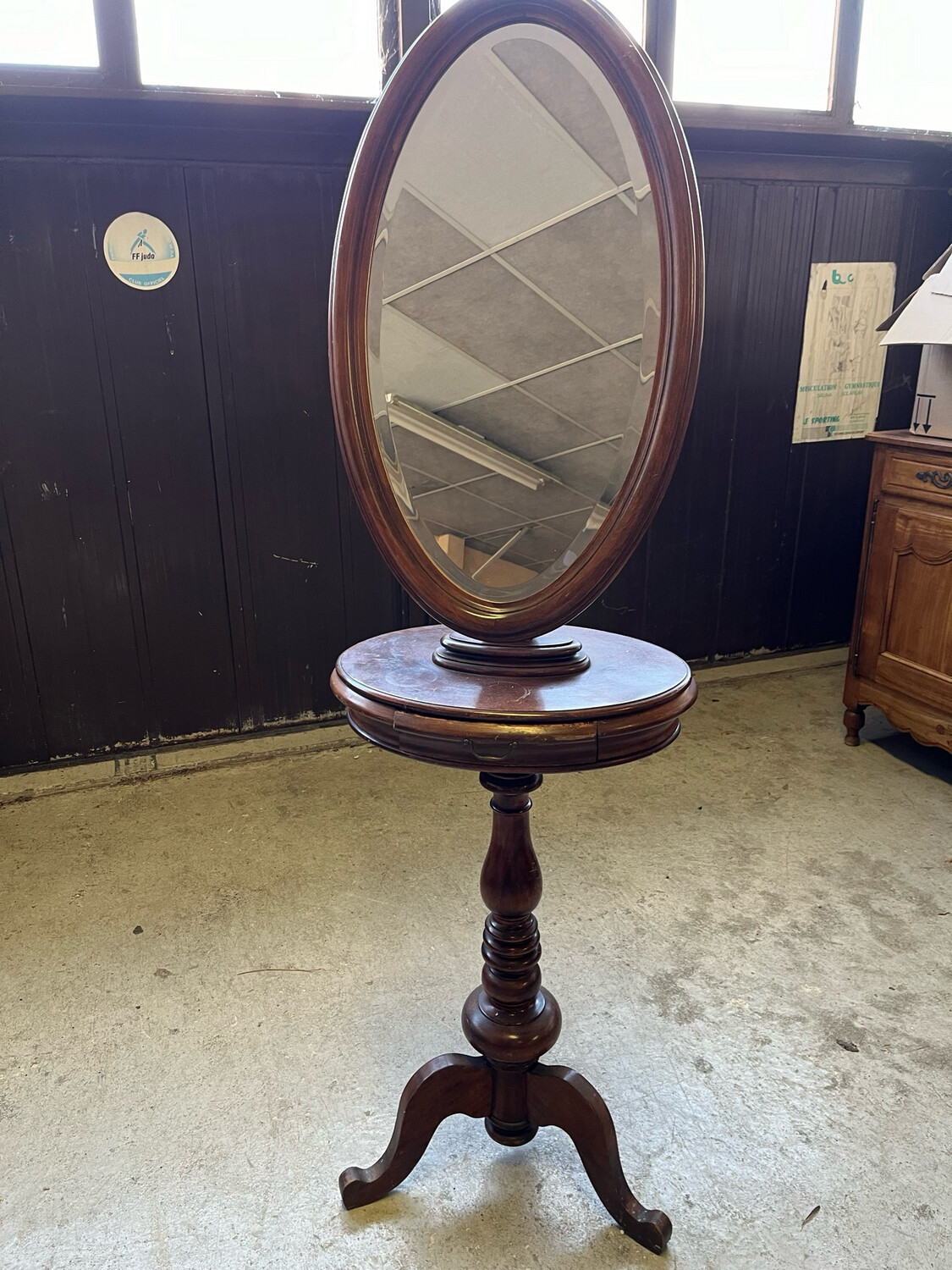 Psyché avec miroir ovale biseauté et tiroir - H  175 cm