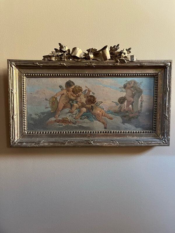 Peinture d’anges sur les nuages, XVIII e - 42 x 25 cm