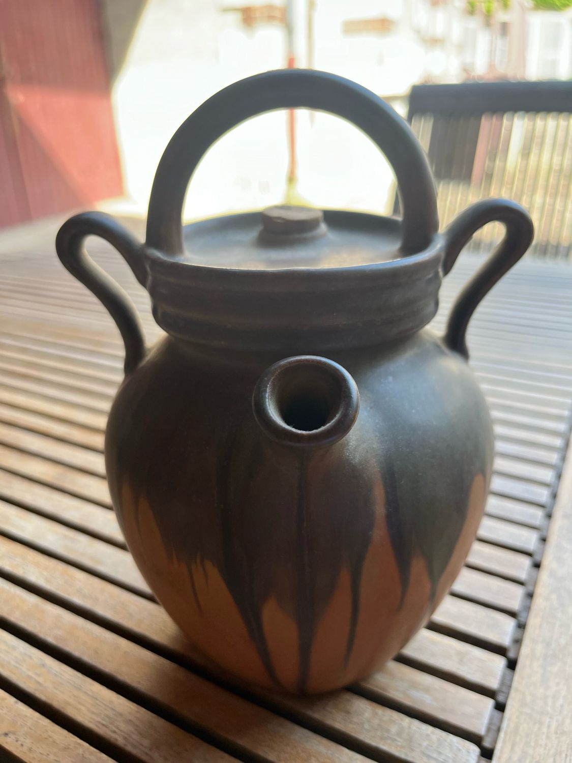 Cruchon en grès émaillé brun et vert, cachet COINTREAU FRÈRES ET FILS ANGERS - H 20 cm