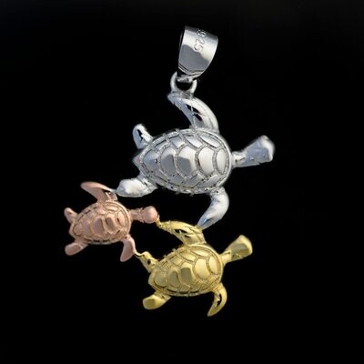Tri-Color Sterling Silver Triple Turtle Pendant
