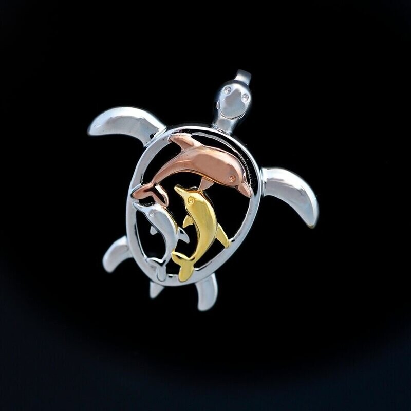 Tri-Color Sterling Silver Turtle Dolphin Pendant