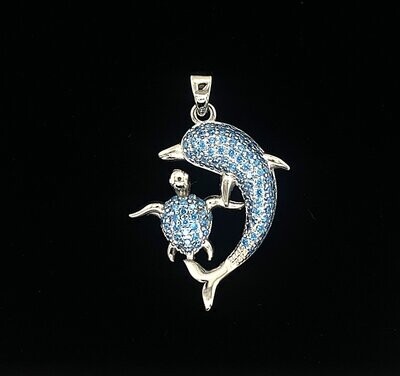 Blue Cubic Zirconia Dolphin and Turtle Pendant
