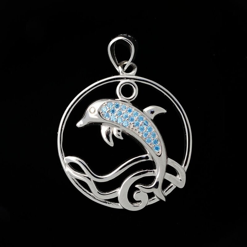 Blue Topaz Dolphin On Wave Pendant