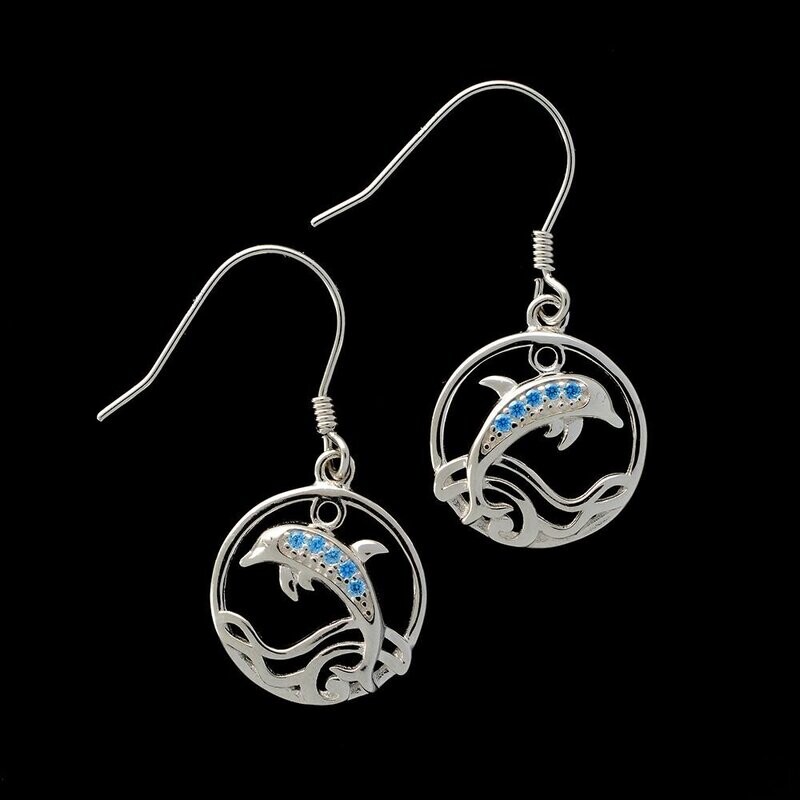 Blue Topaz Dolphin On Wave Earrings