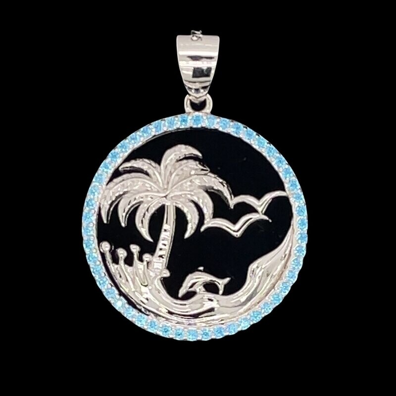 Blue Topaz Palm Tree with Dolphin & Birds on Wave