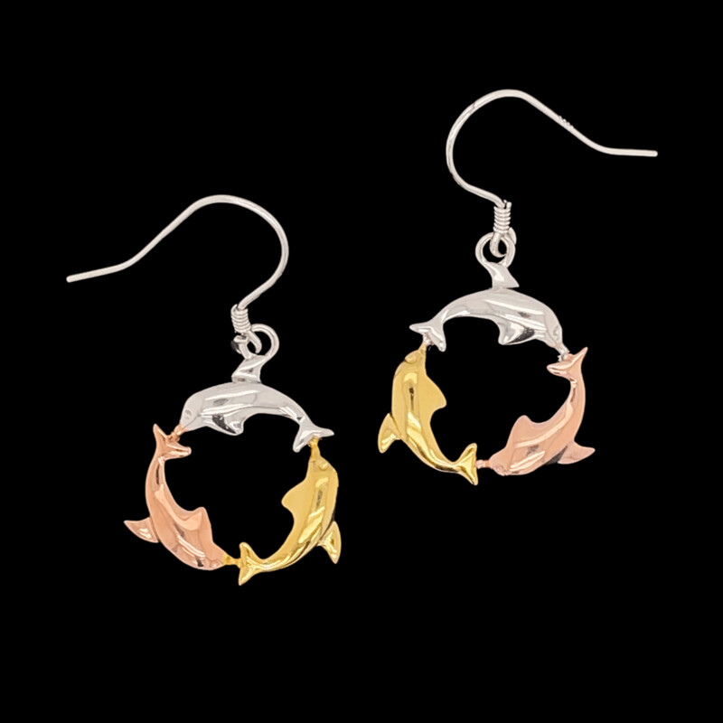 Tri-Color Sterling Silver Dolphin Earrings