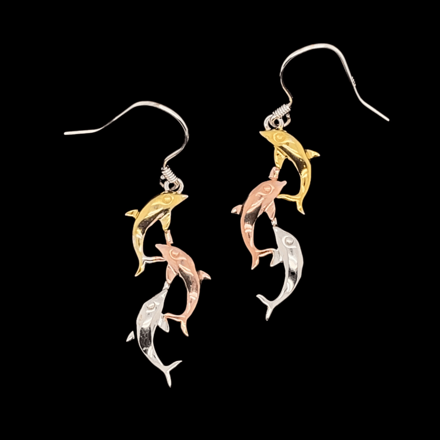 Tri-Color Sterling Silver Triple Dolphin Earrings