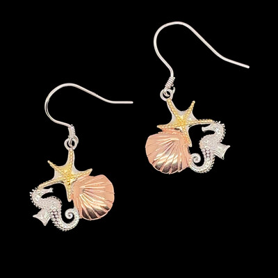 Tri-Color Sterling Silver Seahorse/Shell/Starfish Earrings