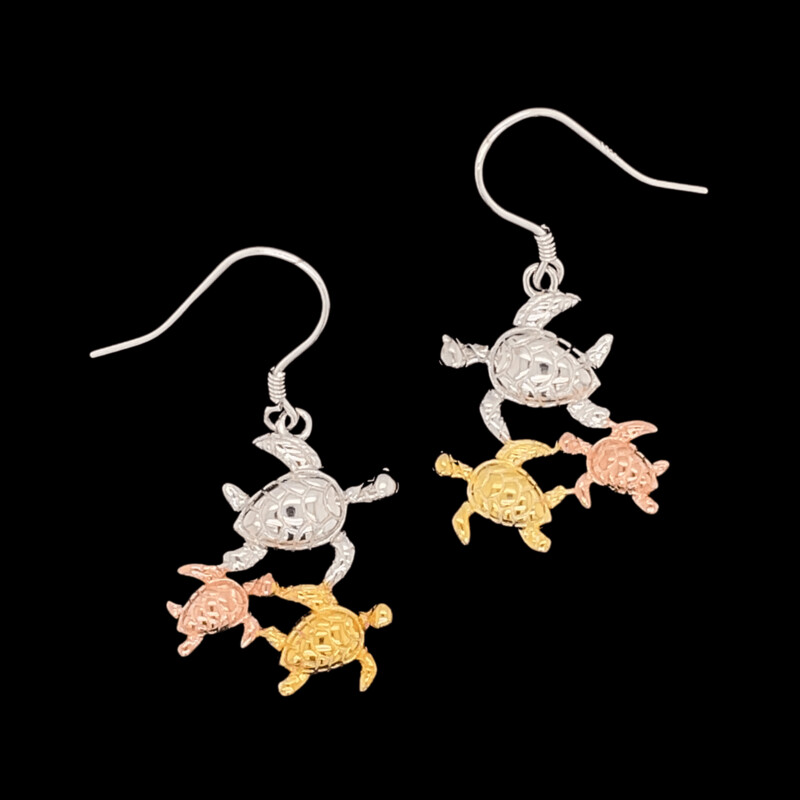 Tri-Color Sterling Silver Triple Turtle Earrings
