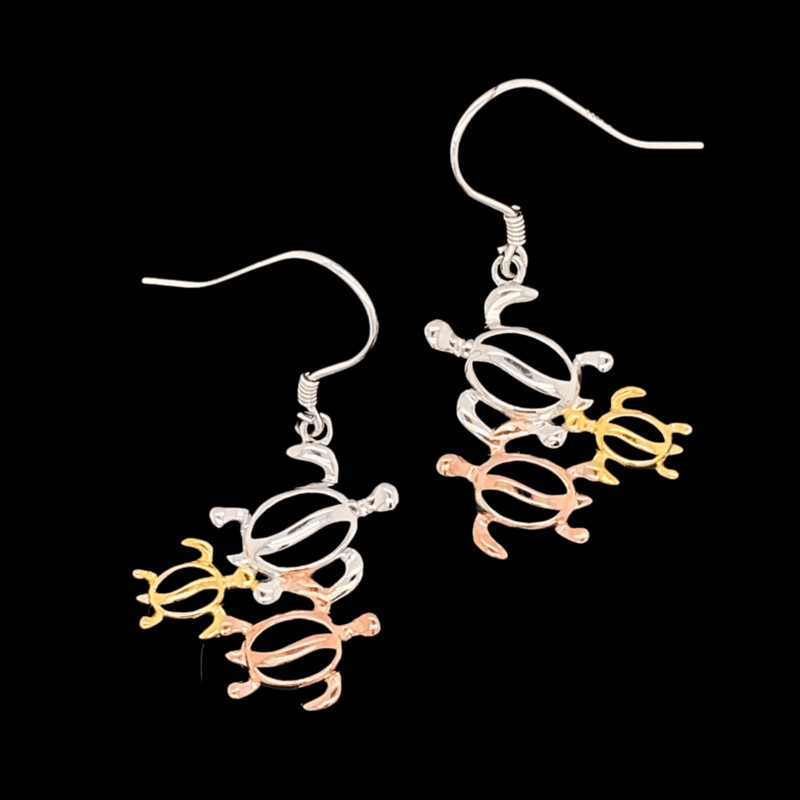 Tri-Color Sterling Silver Triple Turtle Earrings