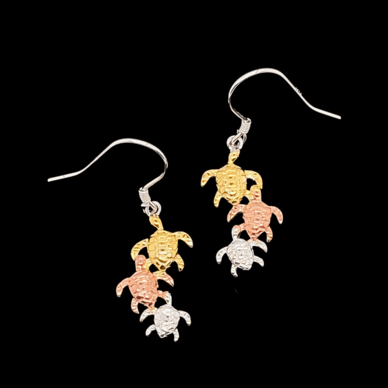 Tri-Color Sterling Silver Triple Turtle Earrings