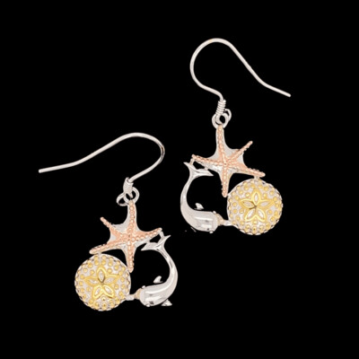 Tri-Color Sterling Silver Dolphin/Sand Dollar/Starfish Earrings