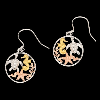 Tri-Color Sterling Silver Seahorse/Starfish/Turtle Earrings