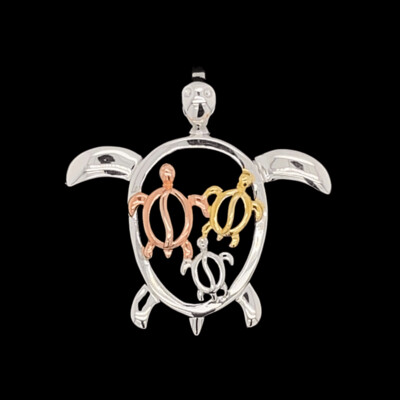 Tri-Color Sterling Silver Turtle Pendant