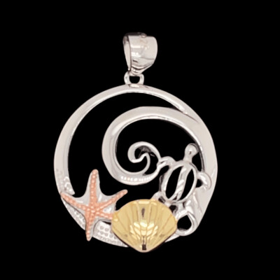 Tri-Color Sterling Silver Shell/Starfish/Turtle Wave Pendant