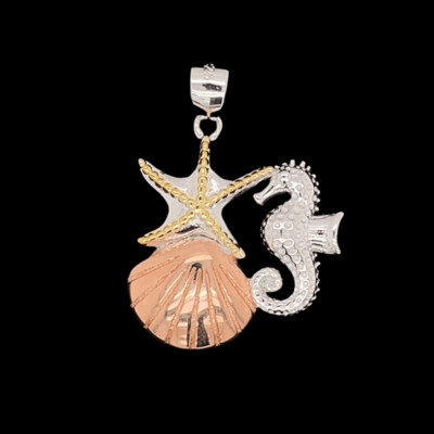 Tri-Color Sterling Silver Seahorse/Starfish/Shell Pendant