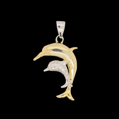 Cubic Zirconia Gold over Sterling Silver Double Dolphin Pendant