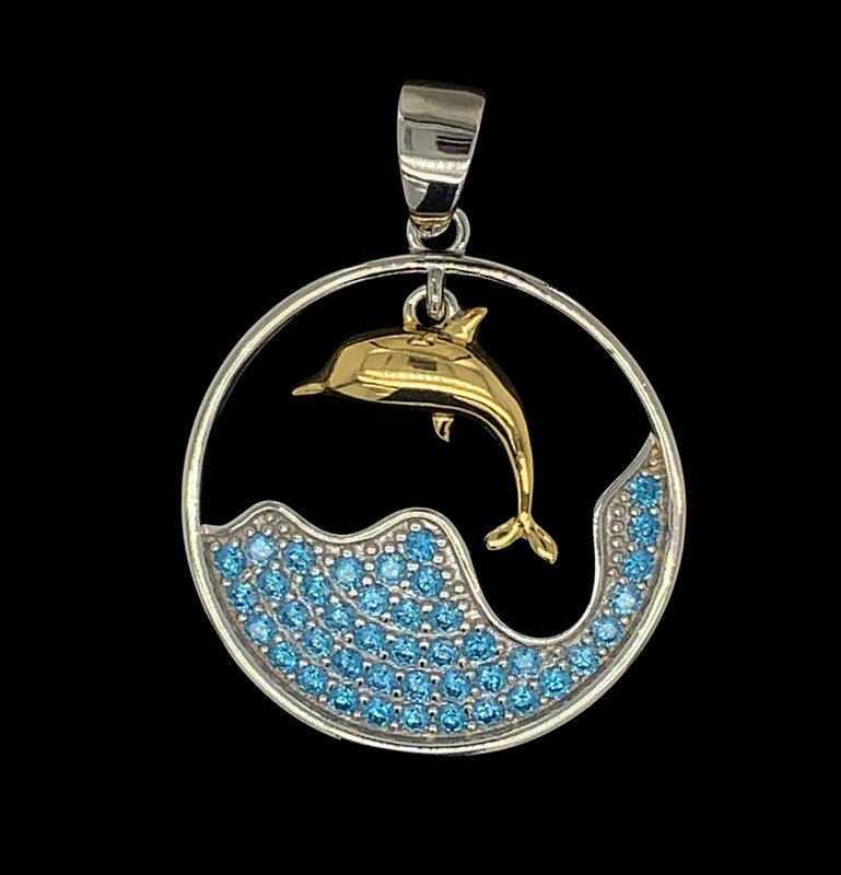 Blue Cubic Zirconia Dolphin on Wave Pendant