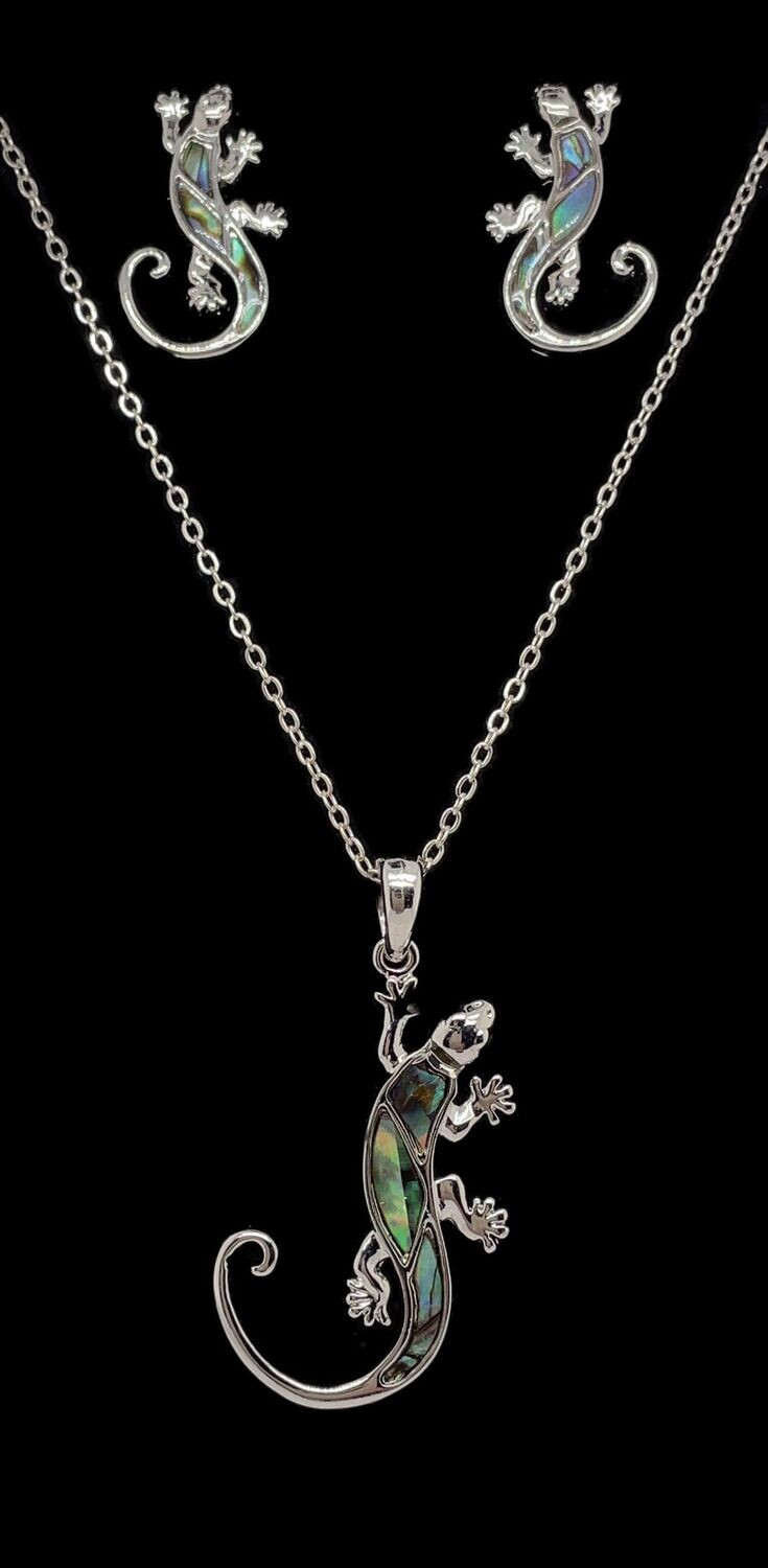 Abalone Gecko Pendant & Earrings Set