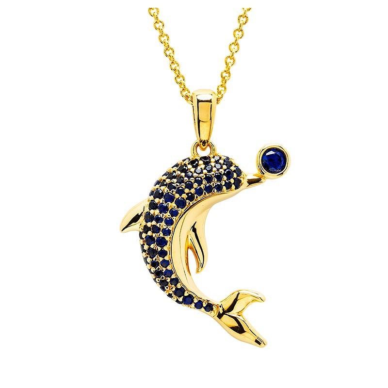 14k Gold Vermeil Blue Lab Sapphire Dolphin Necklace