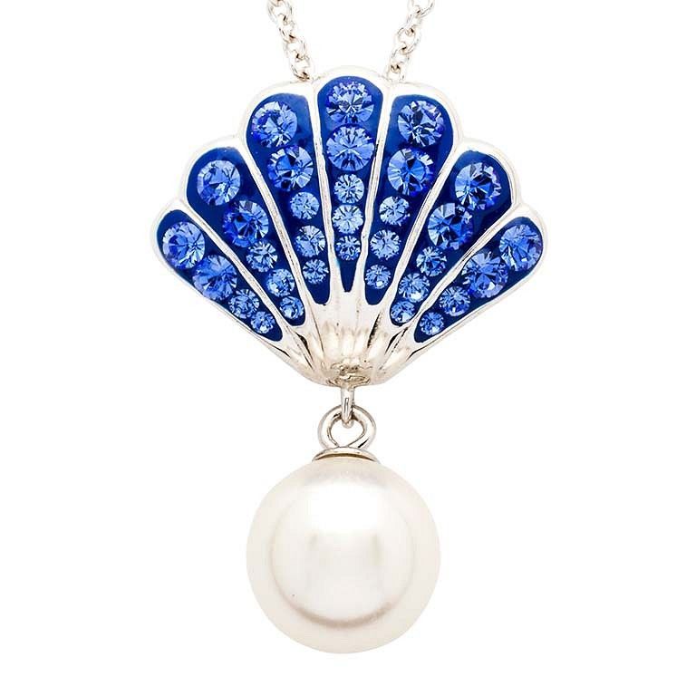 Sterling Silver Pearl / Sapphire Crystal Shell Necklace