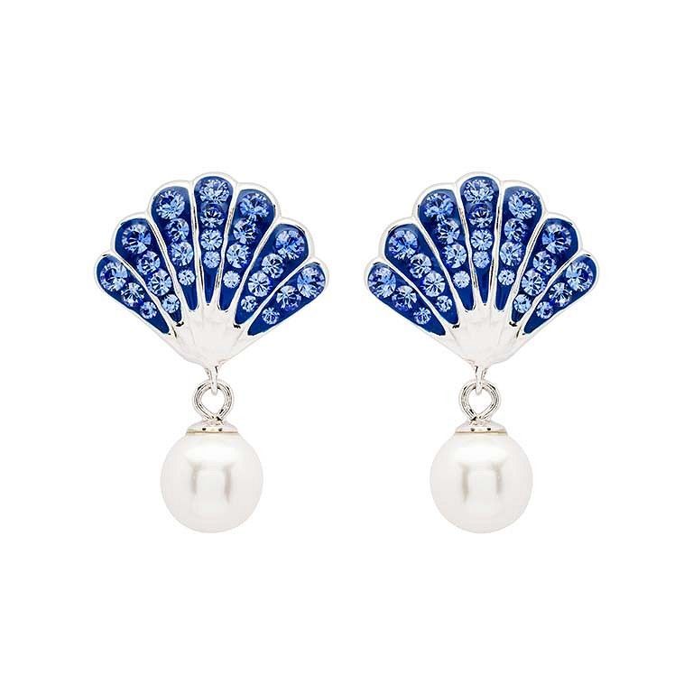 Sterling Silver Pearl / Sapphire Crystal Shell Earrings